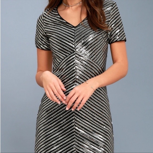 Lulu's Mini Dress Broadway Star Metallic Sequin V-Neck Stripes Women Size Small - Picture 2 of 11